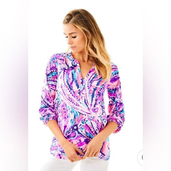 Lilly Pulitzer meg blouse colony coral shell out half sleeve. Xs - Picture 1 of 6